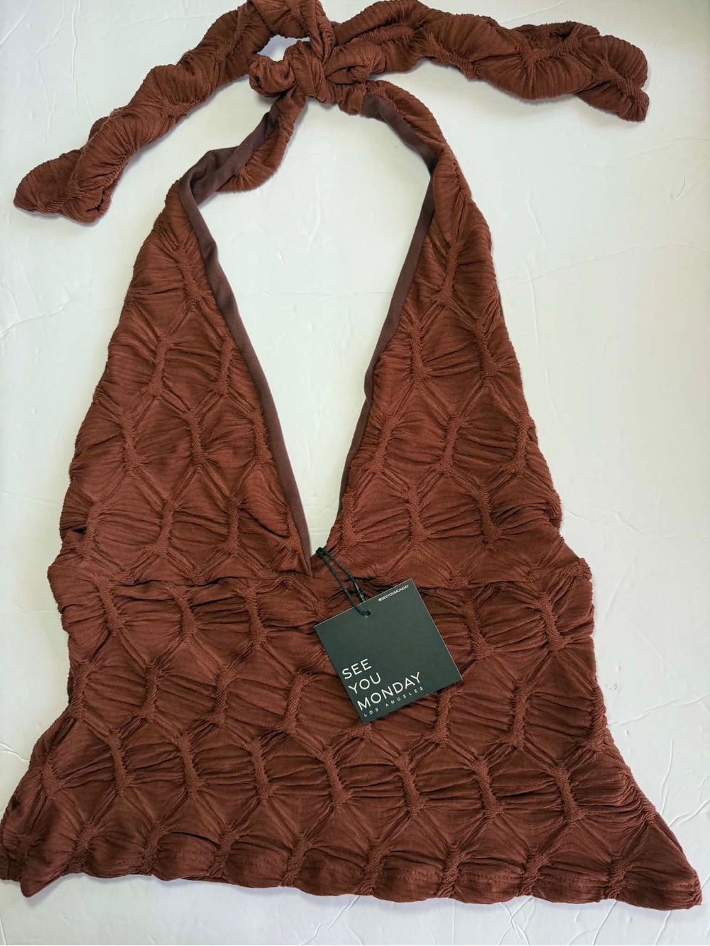See You Monday Brown Textured Halter Top - Size M - Y2K Coquette - NWT
